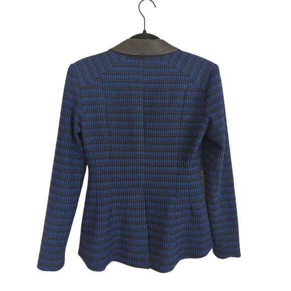 Nanette Lepore Navy Patterned Blazer Leather Trim Size 2 - Picture 3 of 5